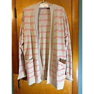 Madewell Women's Open Cardigan Cream & Coral Peach Striped Open Sweater XL